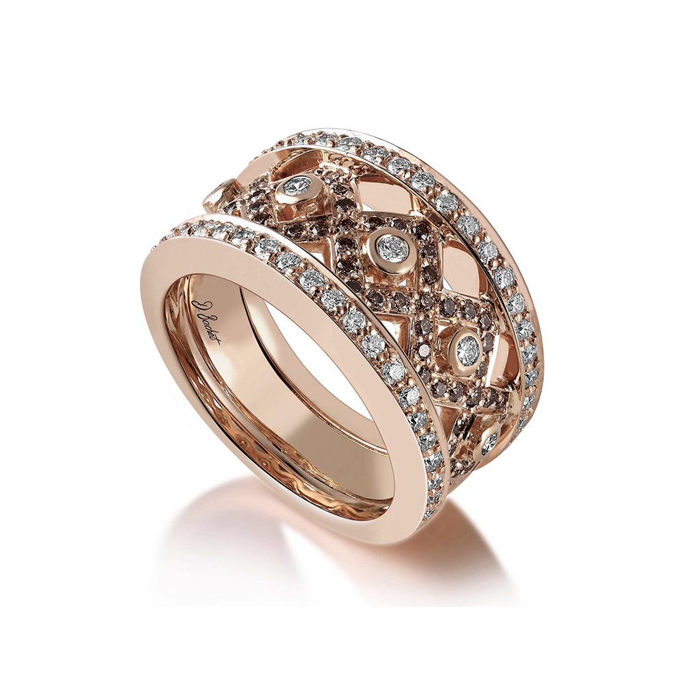 Bague femme en or rose, diamants blancs et diamants bruns